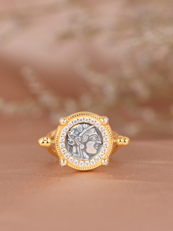 Inel argint 925 - Inel din Argint 925 „Athena Heritage” – Model Monedă Antică, Placat cu Aur și Zirconiu