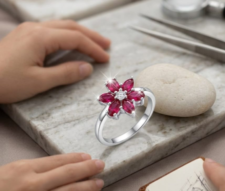Inel argint 925 - Inel din Argint 925 Aurora Jewelry – Model Floare cu Cristale Roșu Rubin