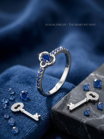 Inel argint 925 - Inel din Argint 925 Aurum Jewelry – The Heart-Key Ring cu Cristale Safir