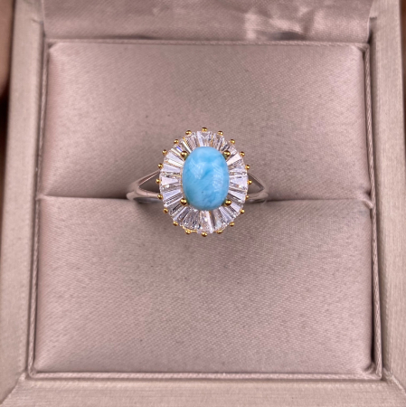 Inel argint 925 - Inel din Argint 925 Ballerina cu Piatră Larimar și Zirconiu Baguette – Colecția Ocean Breeze