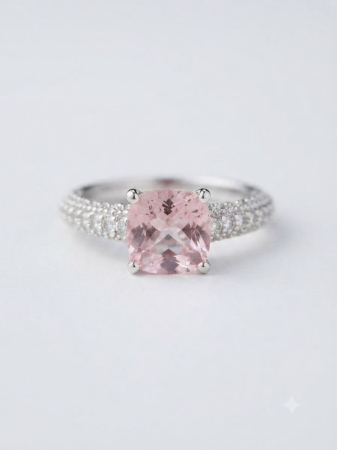 Inel argint 925 - Inel din Argint 925 „Blush Cushion Solitaire” - Inel cu Zirconiu Roz Morganit și Bandă Pavată