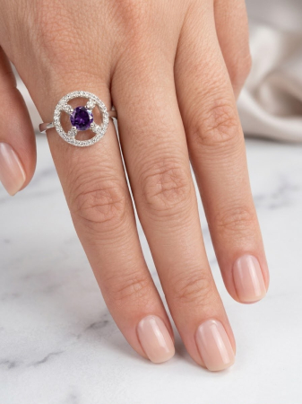Bijuterii argint 925 - Inel din Argint 925 Cosmic Violet Halo, Model Medalion Geometric cu Cristale