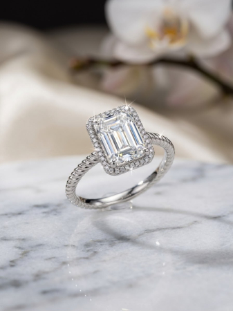 Inel argint 925 - Inel din Argint 925 cu Moissanite / Zirconiu – Tăietură Emerald și Bandă Răsucită
