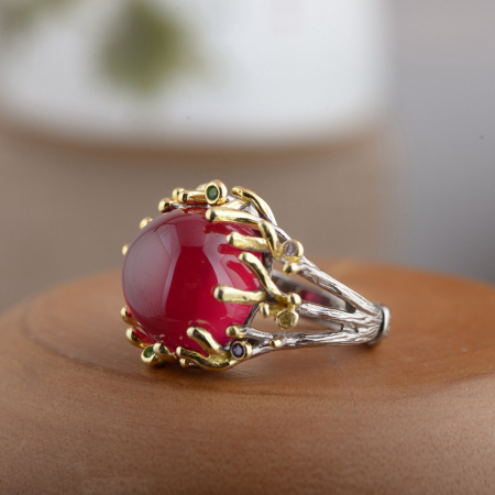 Inel argint 925 - Inel din Argint 925 „Enchanted Coral” – Design Organic Bicolor cu Agat Roșu și Ramuri Aurii