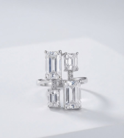 Inel argint 925 - Inel din Argint 925 Geometric cu 4 Cristale Zirconia Tăietură Smarald