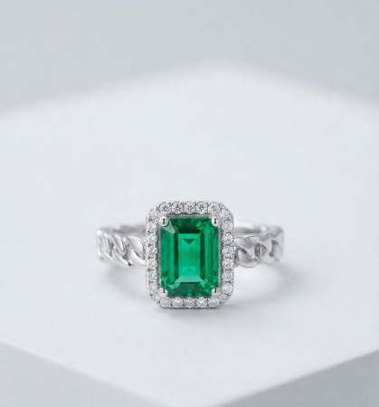 Inel argint 925 - Inel din Argint 925 „Imperial Emerald Halo” - Inel cu Zirconiu Verde Smarald și Bandă Tip Zale Împletite