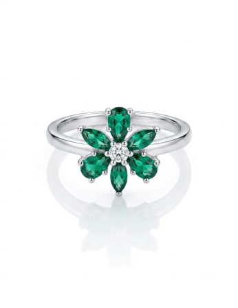 Inel argint 925 - Inel din Argint 925 în Formă de Floare cu Zirconii Smarald – Eleganță Florală Discretă