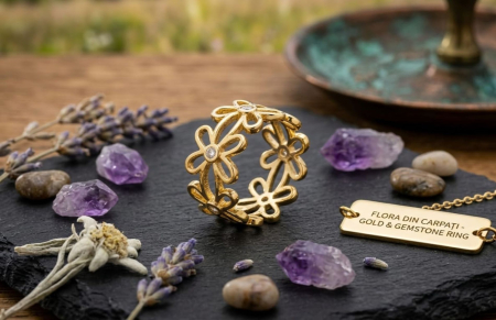 Inel argint 925 - Inel din Argint 925 Placat cu Aur – Model Eternitate „Flora din Carpați” cu Zirconiu