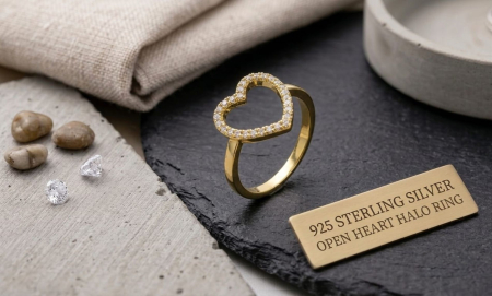 Inel argint 925 - Inel din Argint 925 Placat cu Aur – Model Inimă Decupată „Open Heart Halo”
