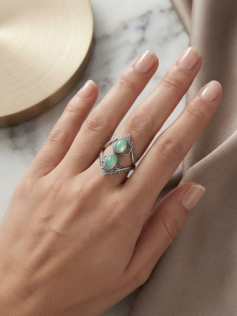 Inel argint 925 - Inel din Argint 925 reglabil Mystic Mint cu Două Pietre Opalescente, Stil Boho-Chic