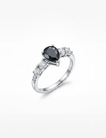 Bijuterii argint 925 - Inel din Argint 925 Rodiat cu Zirconiu Negru Pară – Eleganță Dramatică și Rafinament