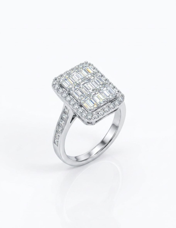 Bijuterii argint 925 - Inel din Argint 925 Royal Cluster, cu Zirconii Baguette și Halo Strălucitor,