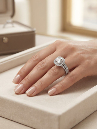 Inel argint 925 - Inel din Argint 925 Royal Cushion Halo cu Zirconiu, Model Solitaire cu Bandă Triplă