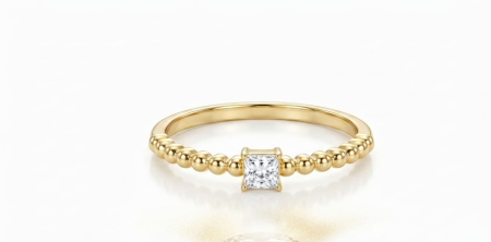 inele de logodna aur 14k - Inel din Aur 14K Beaded cu Piatră Pătrată Princess Cut – Eleganță Minimalistă și Textură Delicată