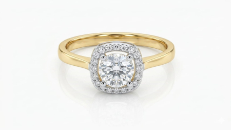 inele de logodna aur 14k - Inel din Aur 14K Bicolor cu Cushion Halo și Solitair – Eleganță Clasică și Volum Strălucitor