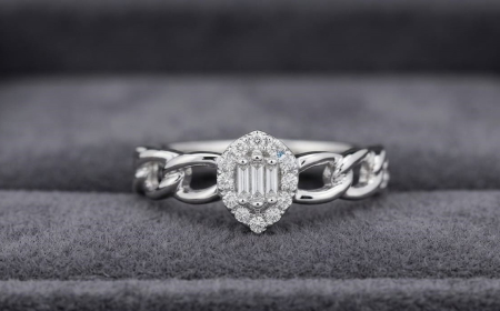 bijuterii diamant - Inel din Aur 14K cu Bandă tip Lanț și Mozaic Iluzie din Diamante Baguette și Brilliant