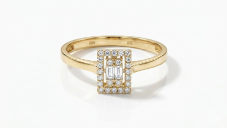 inele de logodna aur 14k - Inel din Aur 14K cu Cluster Baguette și Halo Rectangular – Minimalist și Rafinat