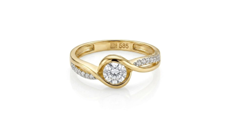inele de logodna aur 14k - Inel din Aur 14K cu Design Bypass Fluid și Pavaj – Eleganță în Linii Ondulate