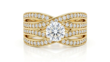 Inele aur 14k - Inel din Aur 14K cu Design Împletit Multi-Rând și Pavaj Solitair – Eleganță și Volum de Lux
