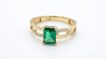 Inele aur 14k - Inel din Aur 14K cu Emerald-Cut și Bandă Împletită Pavată