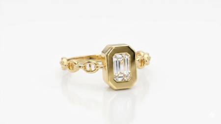 inele de logodna aur 14k - Inel din Aur 14K cu Piatră Emerald Cut în Casetă Octogonală și Bandă Zale – Minimalist și Arhitectural