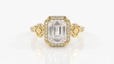 inele de logodna aur 14k - Inel din Aur 14K cu Piatră Emerald Cut, Octagon Halo și Motiv Trifoi – Opulență și Noroc Regal