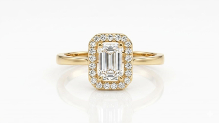inele de logodna aur 14k - Inel din Aur 14K cu Piatră Emerald Cut și Halo Octogonal – Lux Vintage de Inspirație Regală