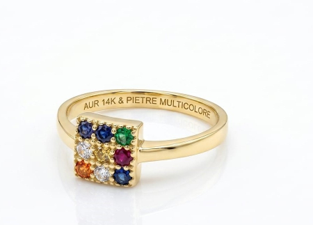 Inele aur 14k - Inel din Aur 14K cu Plachetă Pătrată și Mozaic de Pietre Multicolore