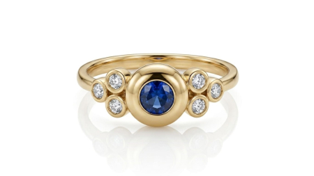 Inele aur 14k - Inel din Aur 14K cu Safir Central și Accente Laterale în Stil Bezel