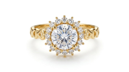 inele de logodna aur 14k - Inel din Aur 14K cu Starburst Halo și Bandă cu Inimi – Romantism și Strălucire Radiantă