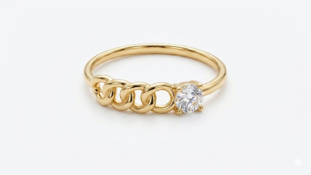 Inele aur 14k - Inel din Aur 14K cu Zale Cuban Chain și Piatră Solitair – Stil Urban și Rafinament Fin