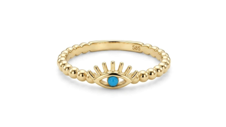 Inele aur 14k - Inel din Aur 14K Ochi Norocos, Bandă Texturată cu Sfere
