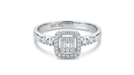 inele de logodna aur 14k - Inel din Aur Alb 14K cu Cluster Baguette și Halo Rectangular – Lux Arhitectural Imaculat