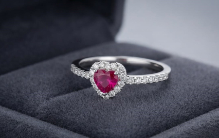 inele cu diamant - Inel din Aur Alb de 18K cu Rubin Natural „Inimă” și Halo de Diamante 0.14ct