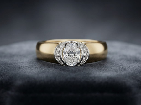 bijuterii aur - Inel din Aur Bicolor 14K – Design Modern cu Zirconiu Oval și Inserție Halo