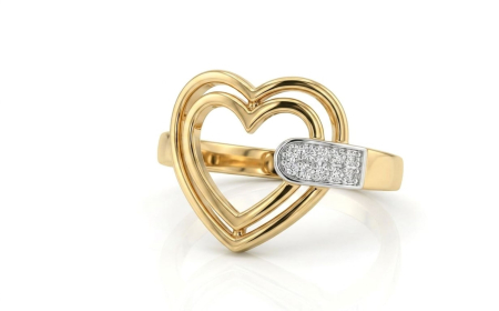 Inele aur 14k - Inel din Aur Bicolor de 14K cu Inimă Dublă Decupată și Detaliu Pavé