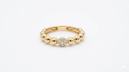 Inele aur 14k - Inel din Aur Galben 14K cu Bandă din Sfere și Medalion Pavat – Stil Minimalist și Chic
