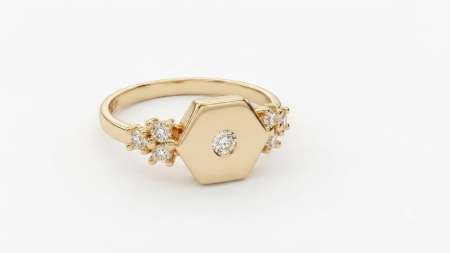 Inele aur 14k - Inel din Aur Galben 14K cu Design Geometric Hexagon și Zirconiu – 1.91g