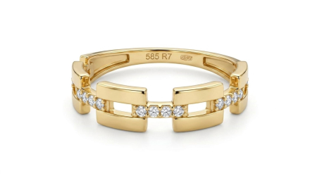 Inele aur 14k - Inel din Aur Galben 14K cu Design Geometric și Zale Pavate cu Zirconiu