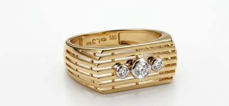 Bijuterii barbati - Inel din Aur Galben 14K cu Design Grătar Geometric și Trei Zirconii