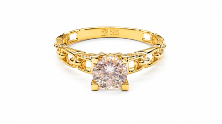 inele de logodna aur 14k - Inel din Aur Galben 14K cu Design Lanț și Zirconiu Central