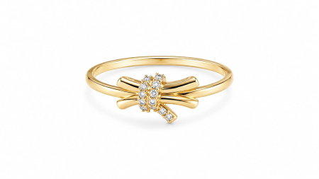 Inele aur 14k - Inel din Aur Galben 14K cu Design Nod Elegant și Pavé