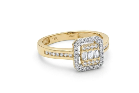 inele de logodna aur 14k - Inel din Aur Galben 14K cu Diamante / Zirconiu în Tăietură Baguette și Halo Dreptunghiular