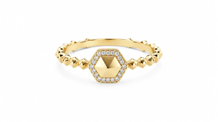 Inele aur 14k - Inel din Aur Galben 14K cu Element Hexagonal, Pavé deCZși Bandă Texturată Studded