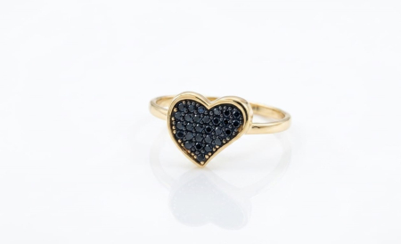 Inele aur 14k - Inel din Aur Galben 14K cu Inimă Asimetrică și Pavé de Zirconii Negre / Diamante Negre