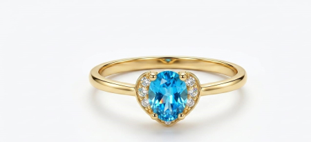 Inele aur 14k - Inel din Aur Galben 14K cu Inimă din Topaz Albastru Oval și Halo de Zirconii