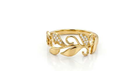 Inele aur 14k - Inel din Aur Galben 14K cu Model Frunze și Zirconii, Stil Boem-Chic