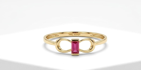 Inele aur 14k - Inel din Aur Galben 14K cu Model Fundiță și Rubin Baghetă Central
