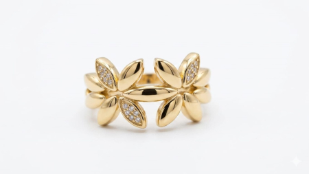 Inele aur 14k - Inel din Aur Galben 14K cu Motiv Floral și Pavé – Eleganță Inspirată de Natură
