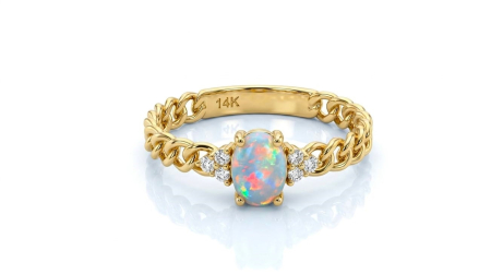 Inele aur 14k - Inel din Aur Galben 14K cu Opal Oval și Accent de Zirconii, Model Lanț Curbat